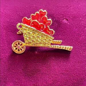 Vintage Gold Tone Wheelbarrow of Red‎ Hearts Enamel Brooch Pin Valentine's Day